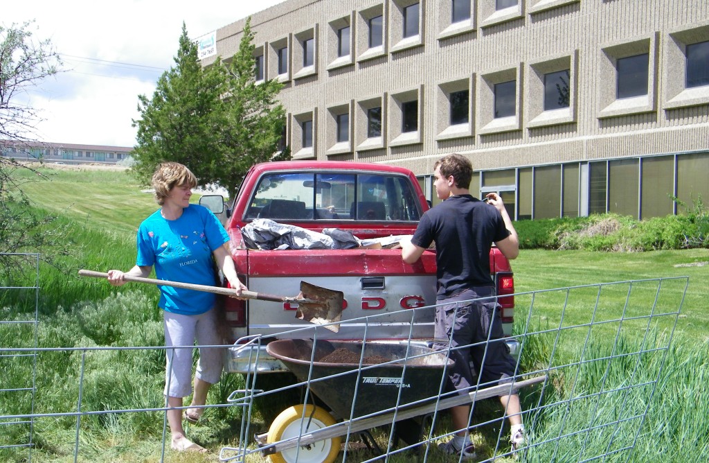 Volunteers with mulch