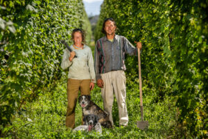 Audrey Gehlhausen stands on the left and Chris Dellabianca stands on the right in between two rows of hops. Two dogs are seated in front of them.